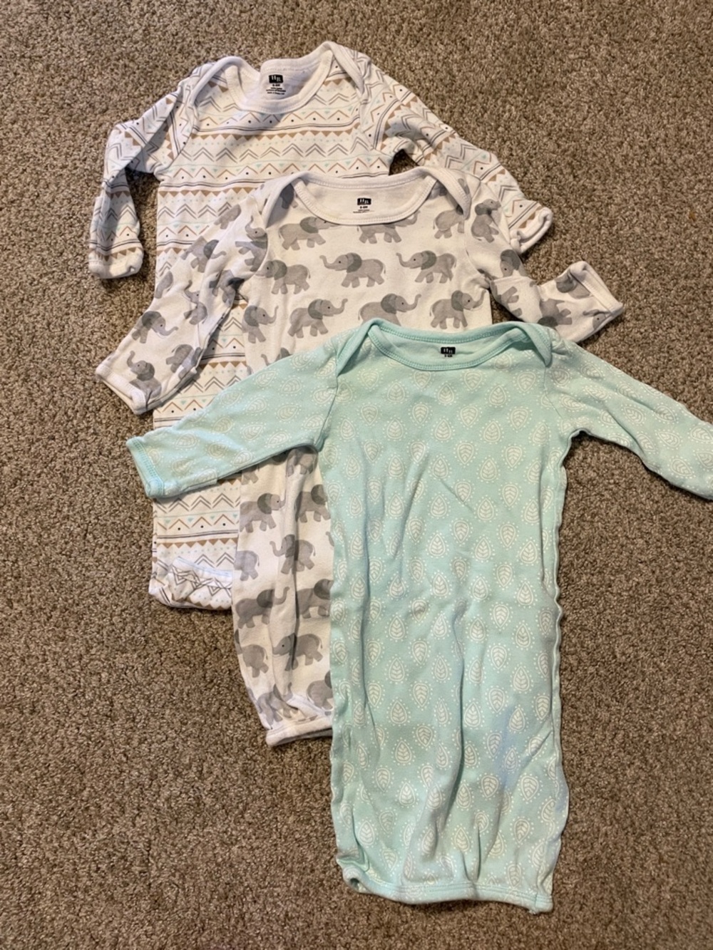 3-Pack Baby Gowns - Mint, Gray Elephant & Patterned White